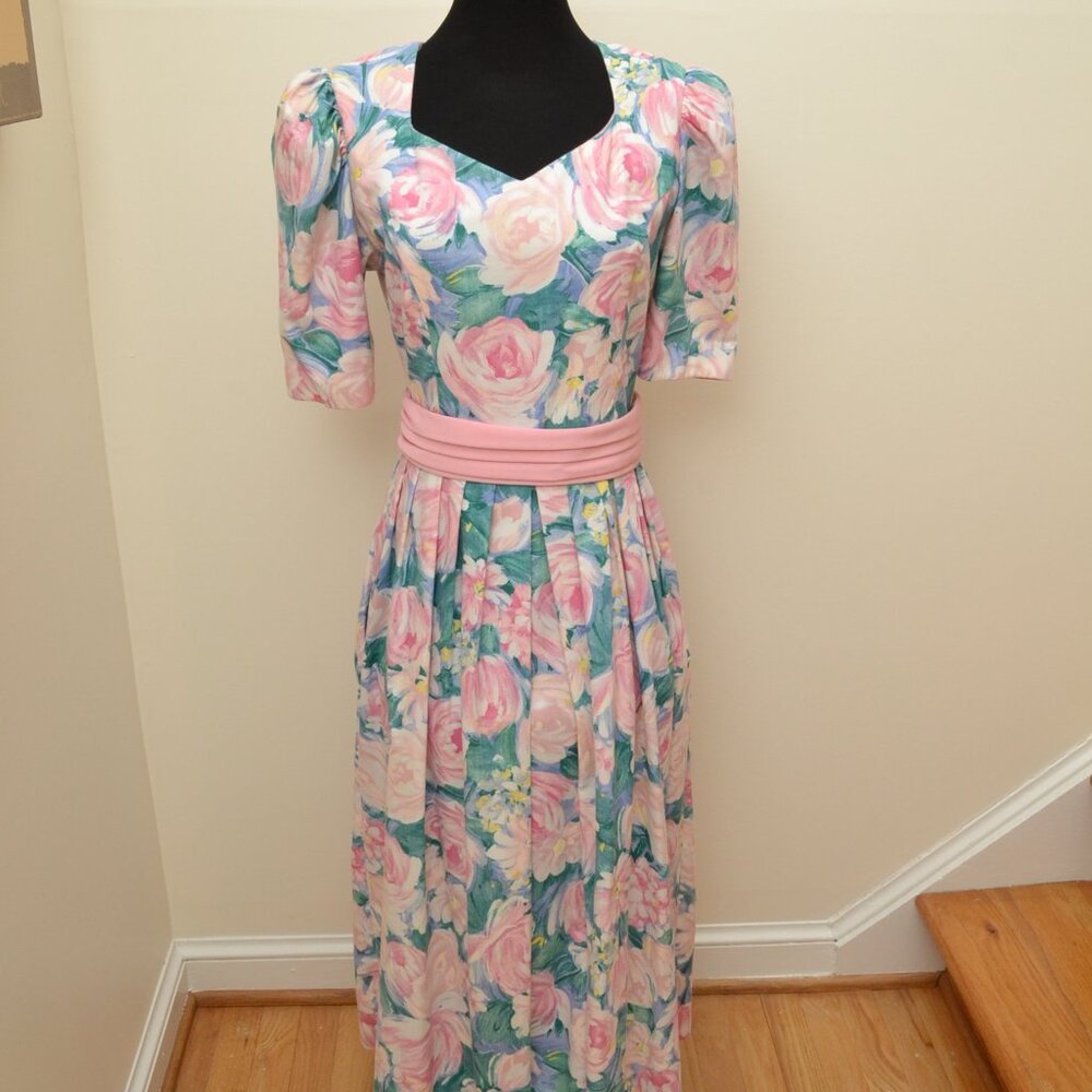 Vintage Lanz 80’s Dress Floral Fit & Flare Puff Sleeves Belted Sz 10 USA